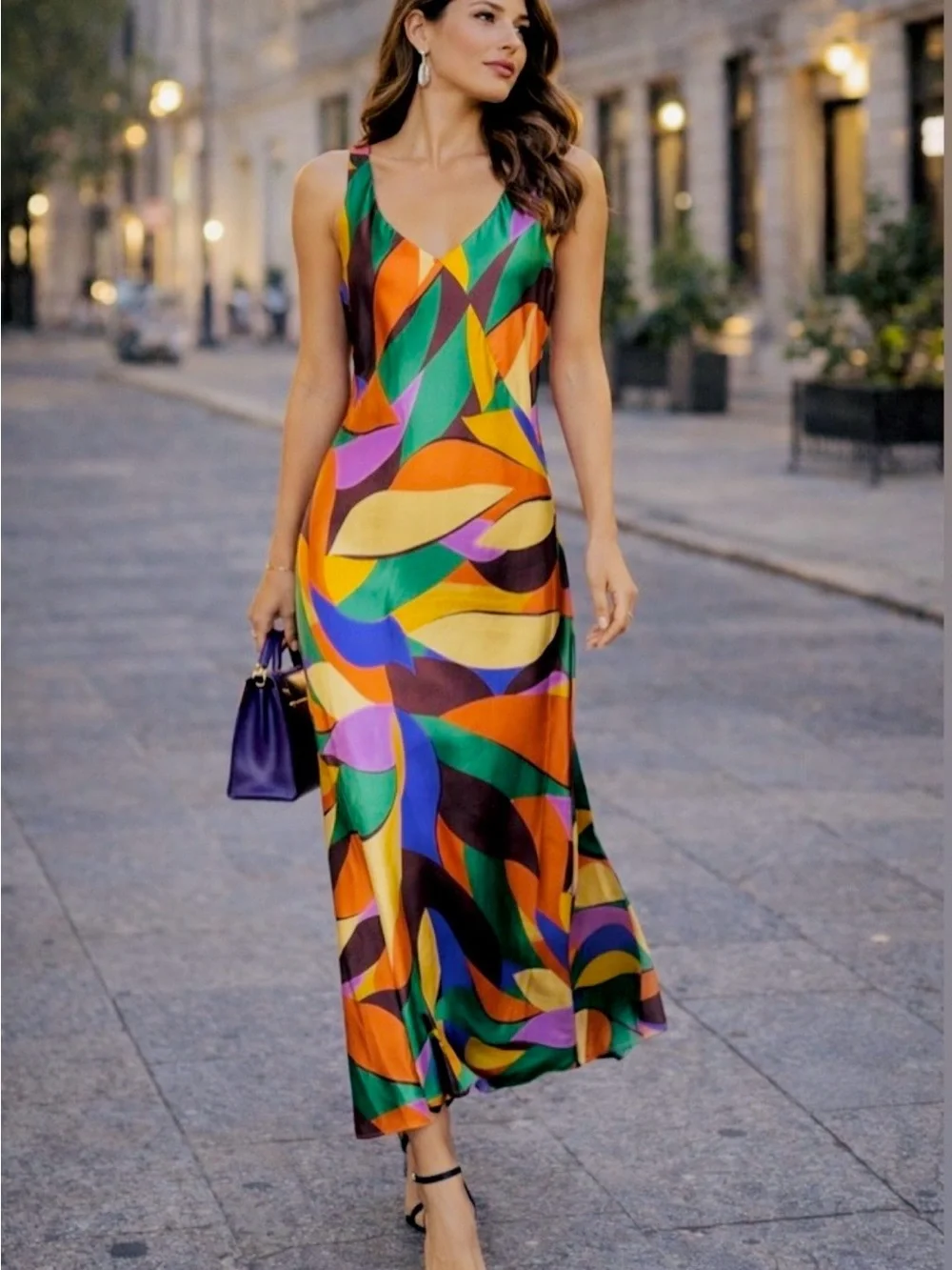 NWT Joie Bessia Satin Abstract Leaf Print V-Neck Slip Maxi Dress M